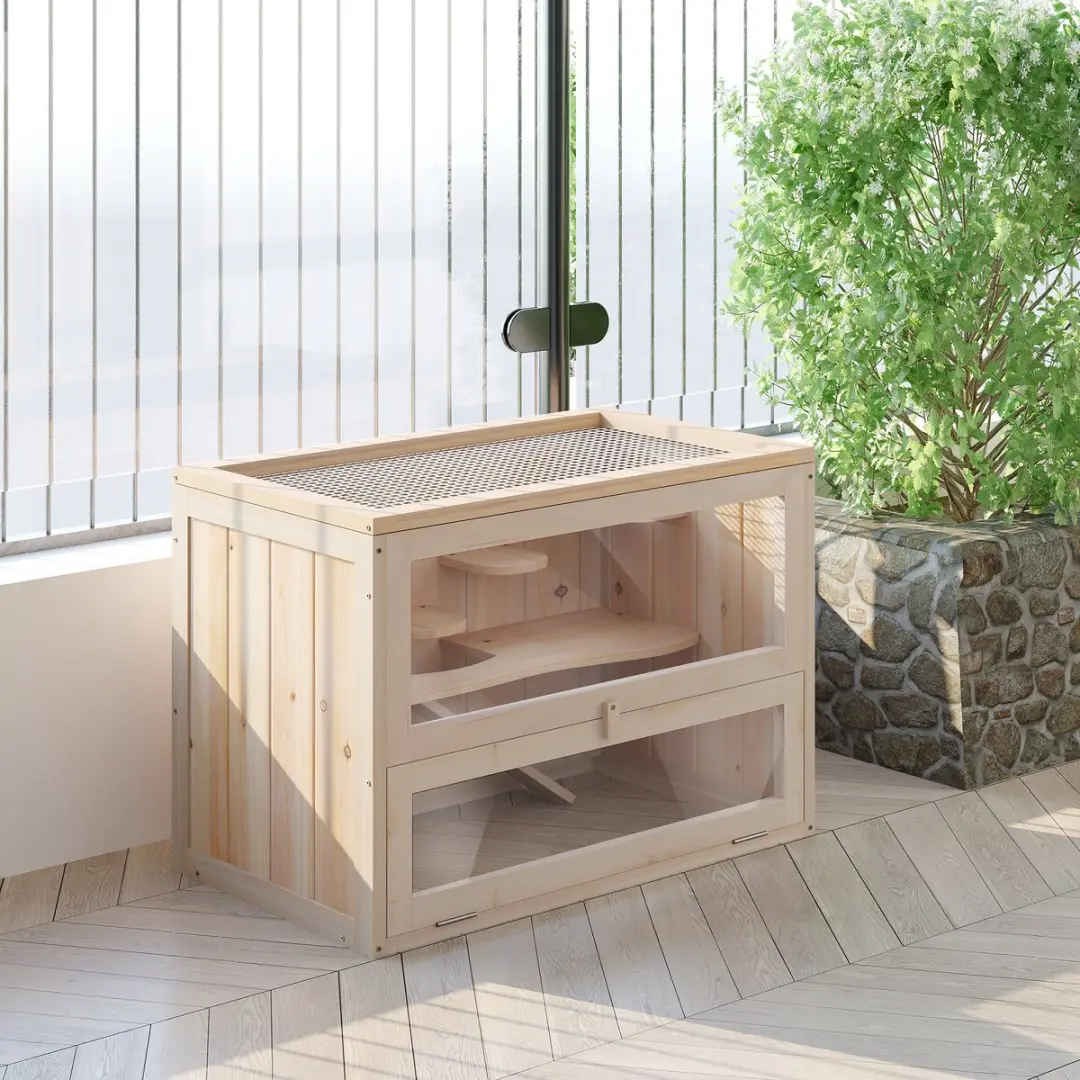 Pawhut Hamsterkooi 60x35x42cm - 2 verdiepingen - Natur
