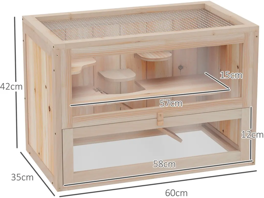 Pawhut Hamsterkooi 60x35x42cm - 2 verdiepingen - Natur