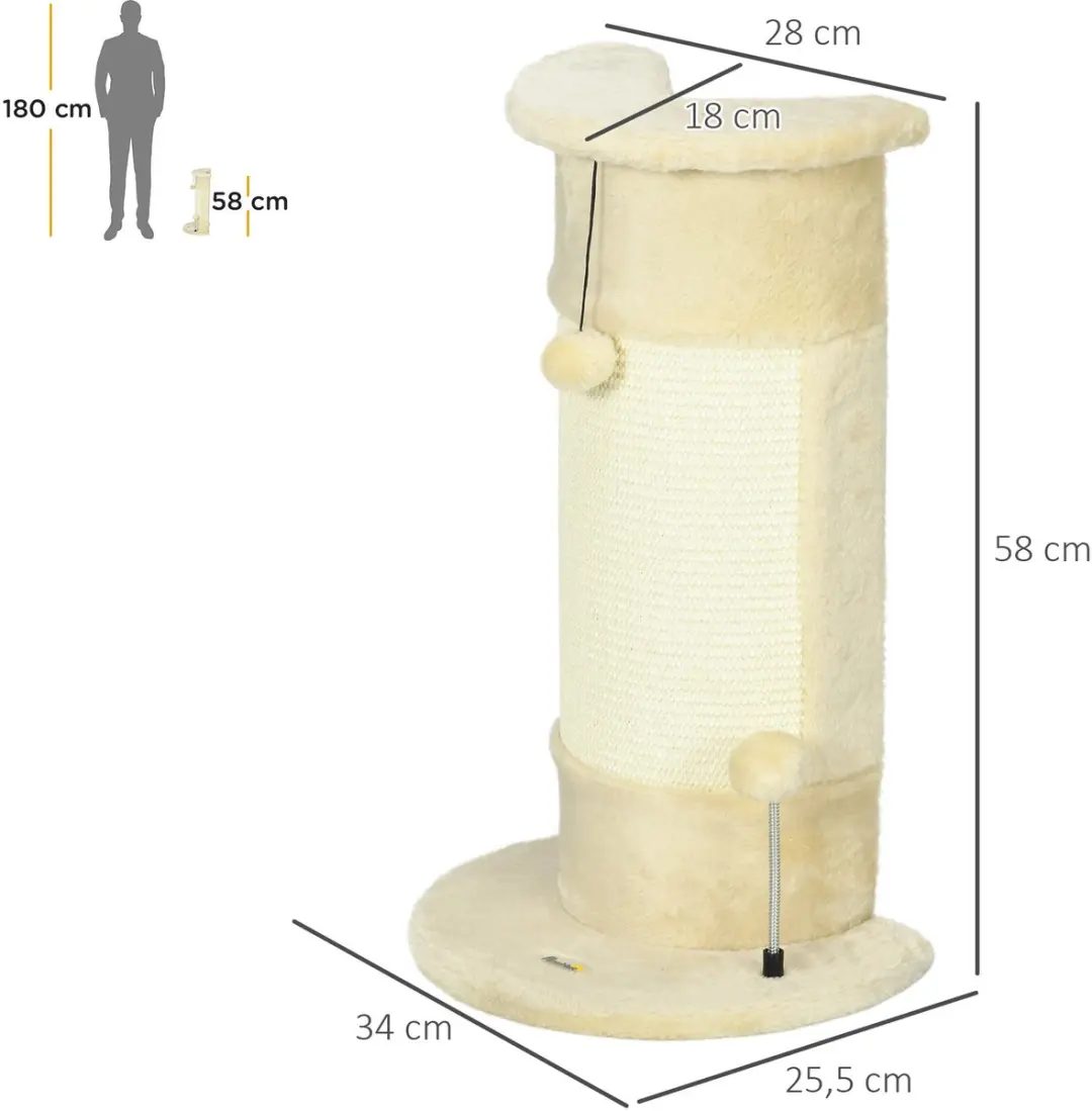 Pawhut Kratzstamm Krabpaal 58cm - Sisal - Cremewit