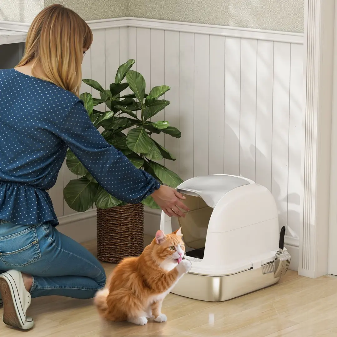 ECTEATOY Roestvrijstalen Kattenbak XL - Wit - Incl. schep & geurfilter