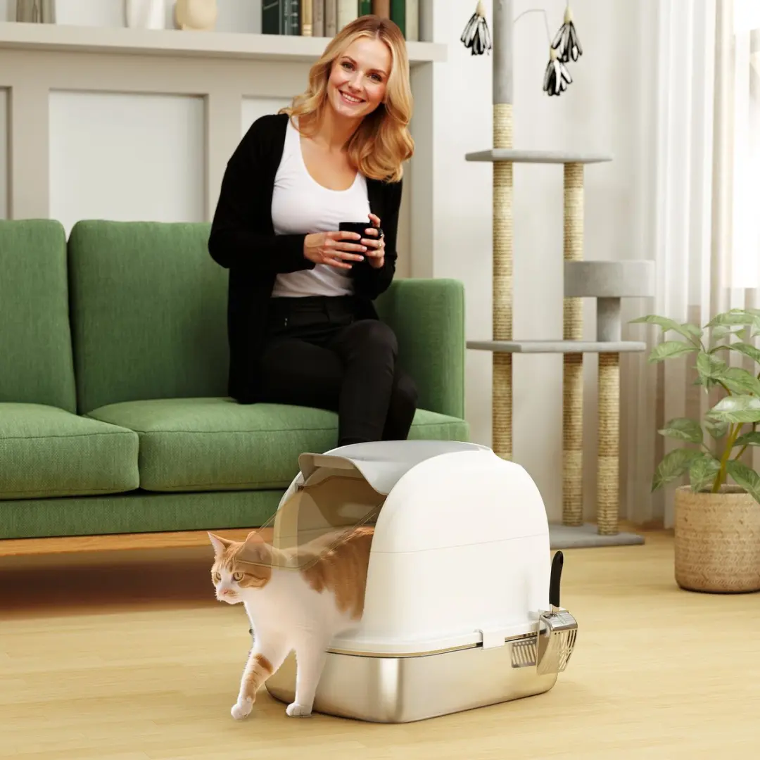 ECTEATOY Roestvrijstalen Kattenbak XL - Wit - Incl. schep & geurfilter