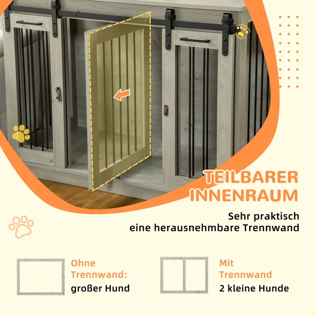 Pawhut Hundehuis 120x60x88,5cm - 2-ruimte - Grijs