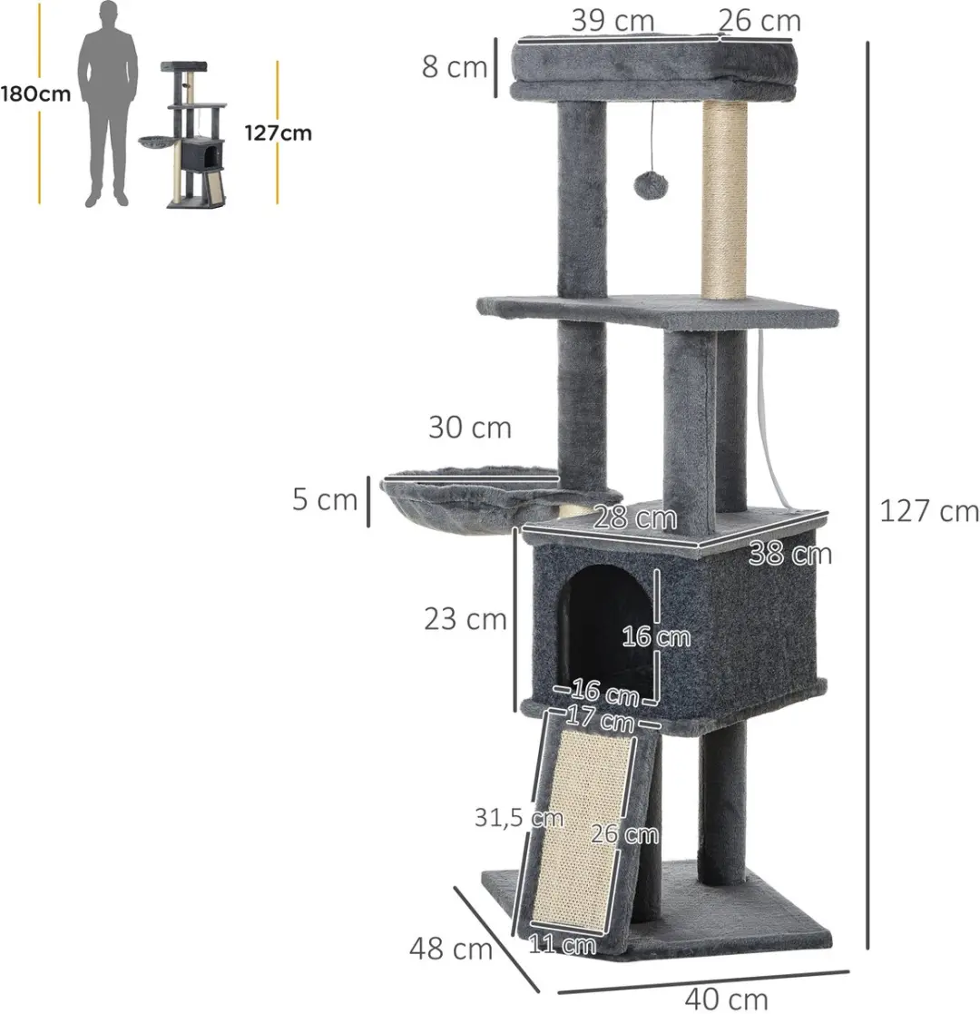 Pawhut Kattenboom 127cm - 5 Niveaus - Grijs
