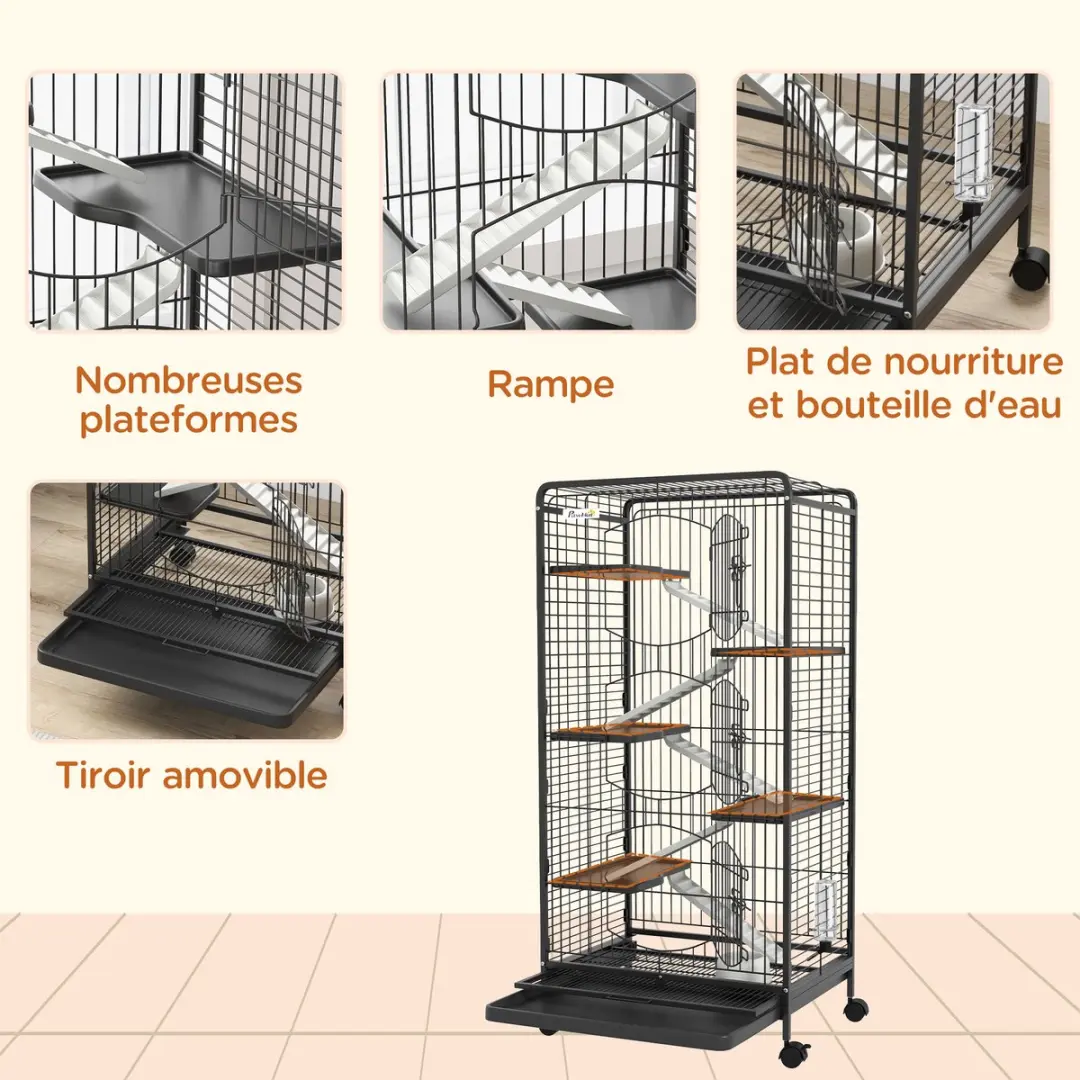 Pawhut Kooi voor Kleine Dieren - 61,5x44x131cm Zwart
