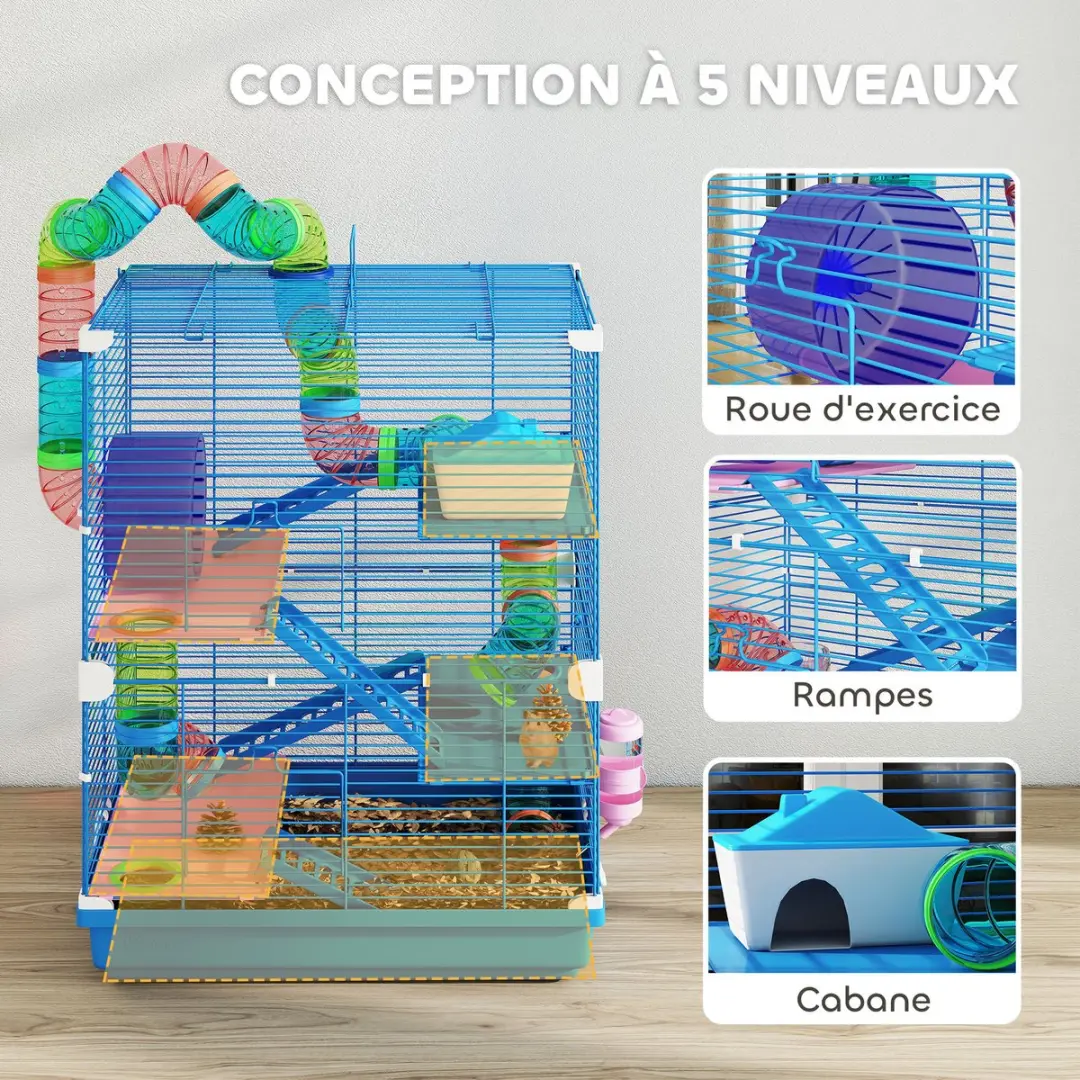 Pawhut Hamsterkooi Metaal 46x30x58cm - Blauw