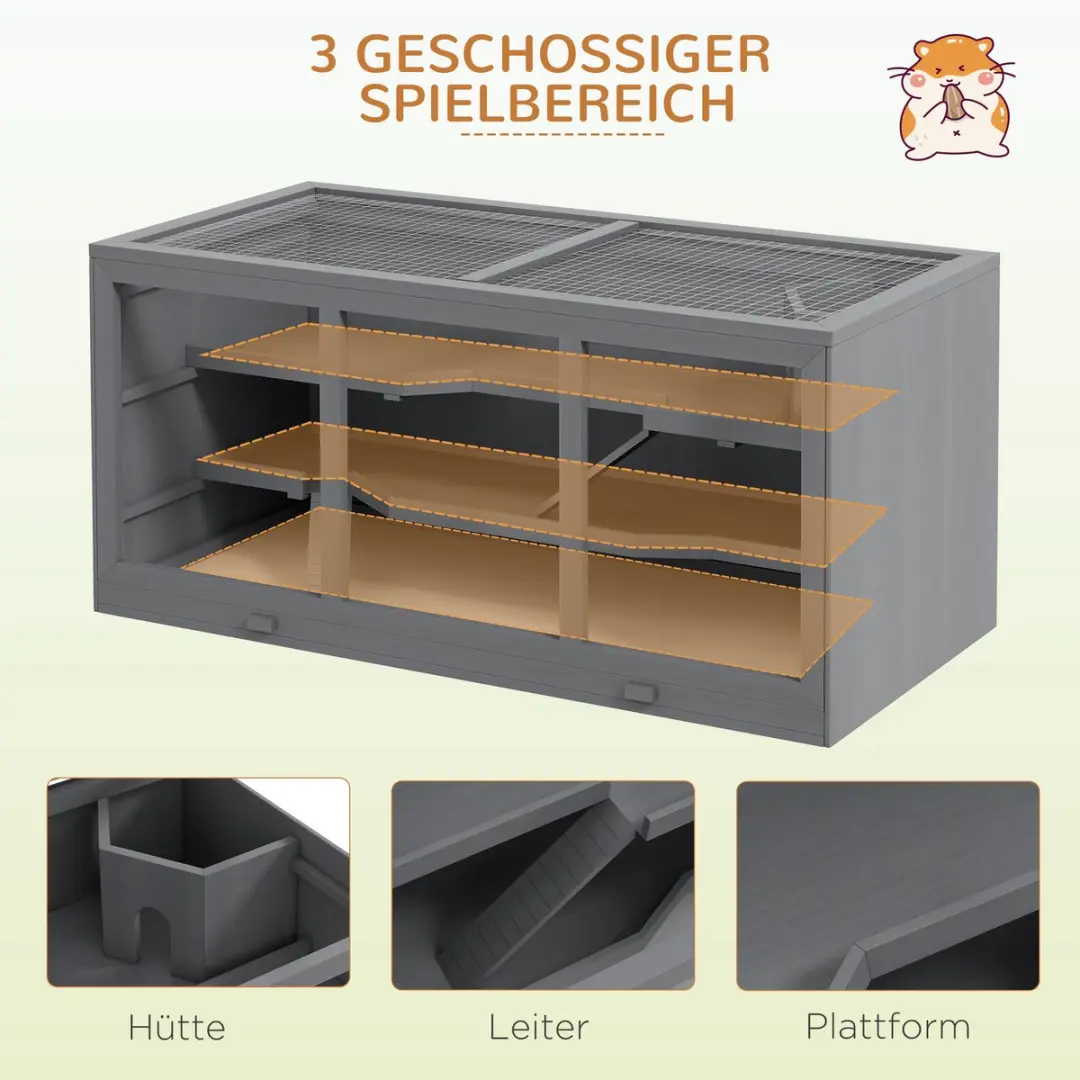 Pawhut Zwerghamsterkooi 3-Verdiepingen - 115x57x55cm - Grijs - afbeelding 6 van 6