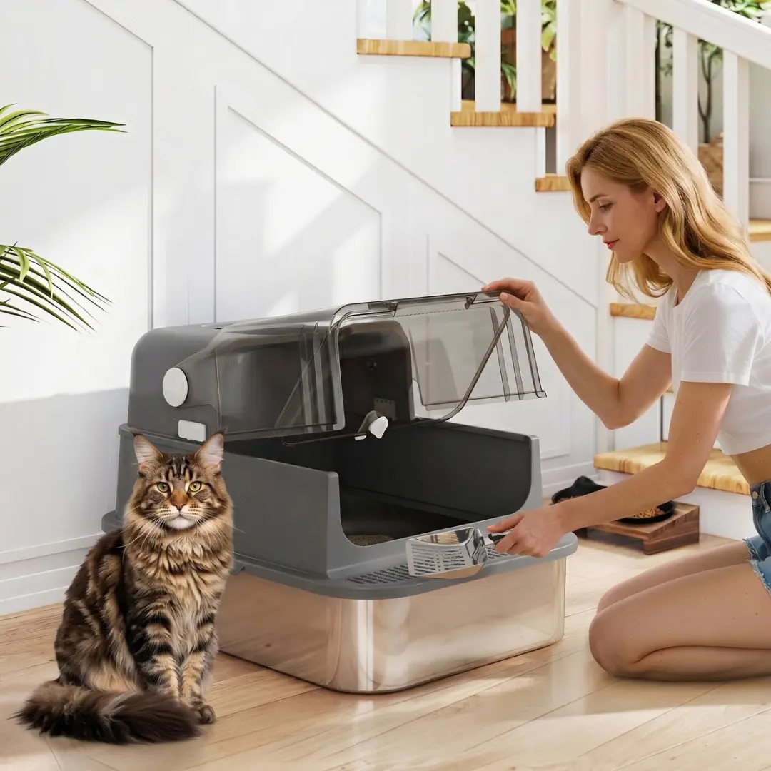 Homcom XXL RVS Kattenbak met deksel 72L - Pedaal - 2 katten