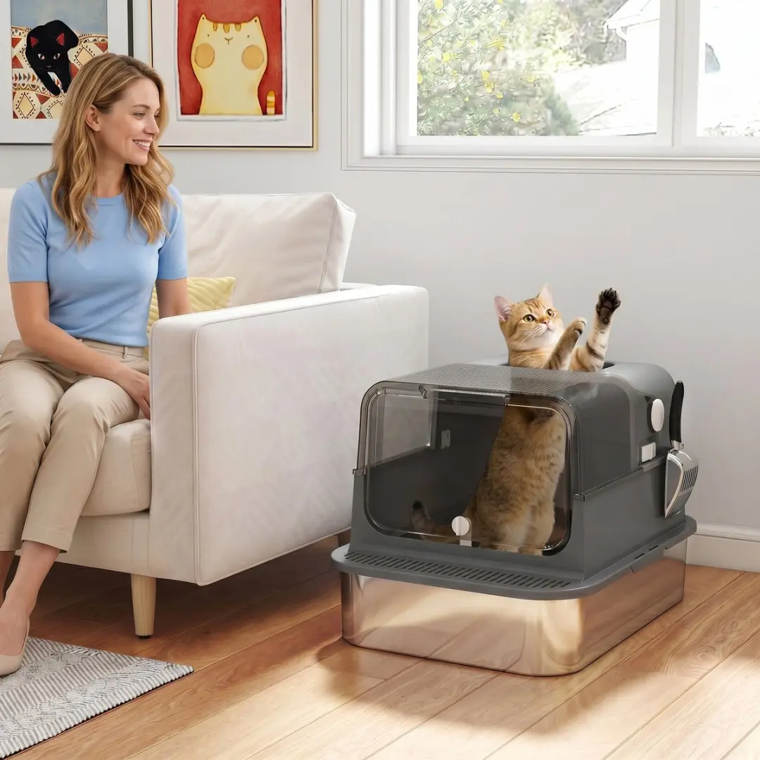 Homcom XXL RVS Kattenbak met deksel 72L - Pedaal - 2 katten