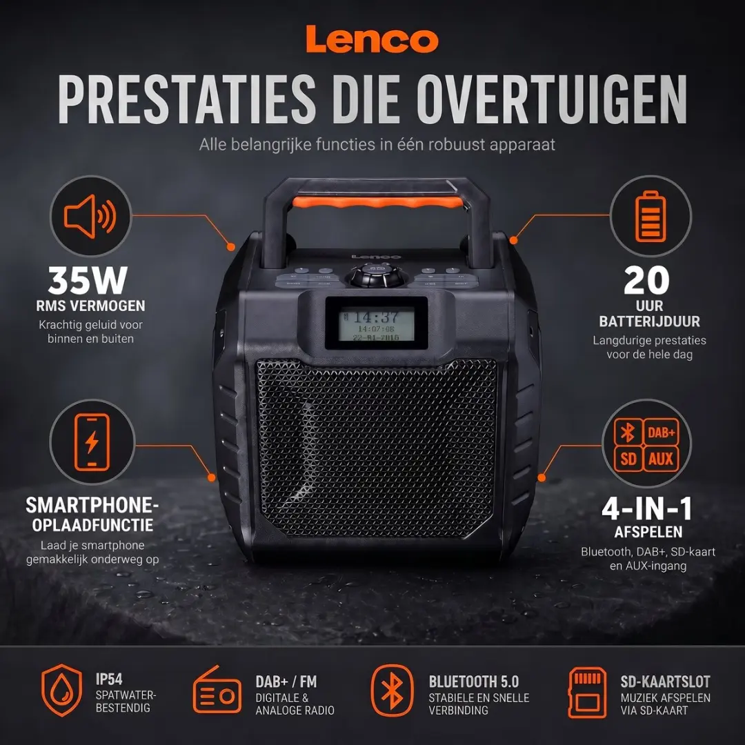 Lenco ODR-160GY Outdoor DAB/FM Radio - 35W - IPX5 - Grijs