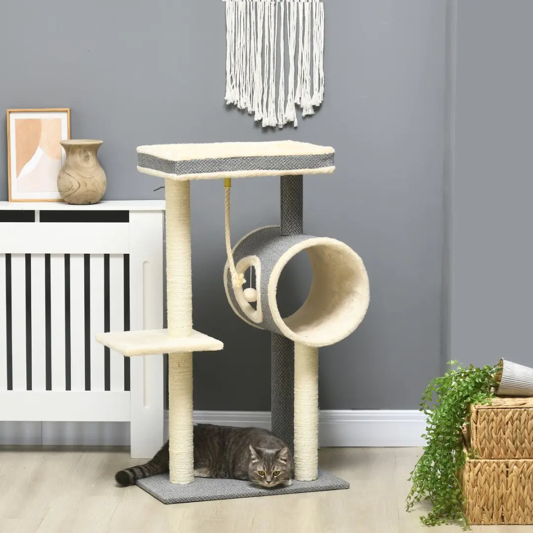 Pawhut Kratzbaum 104cm Kattenboom - 3 Niveaus - 3 Ligplekken - Grau+Beige+Creme