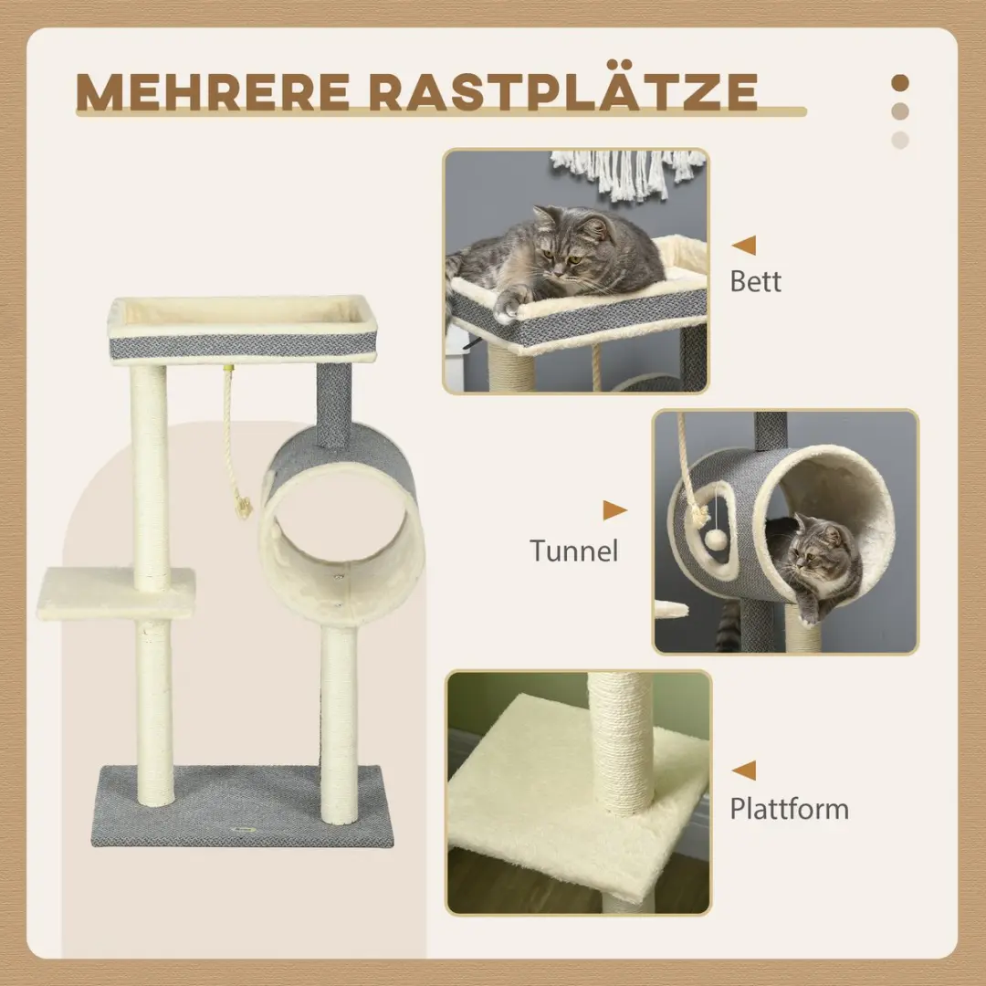 Pawhut Kratzbaum 104cm Kattenboom - 3 Niveaus - 3 Ligplekken - Grau+Beige+Creme