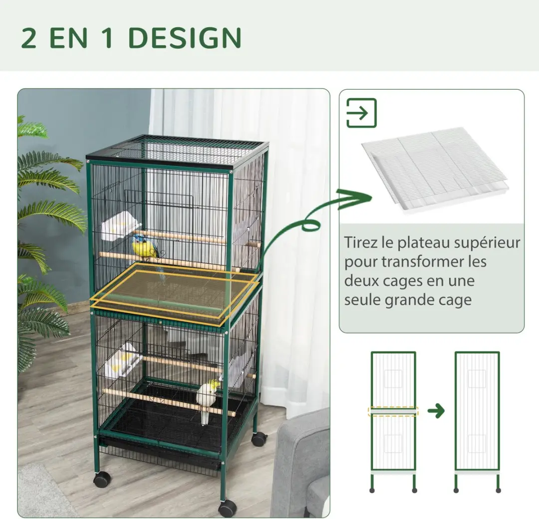Pawhut Vogelkooi Acier 51,5x50x140cm - 2 Verdiepingen - Groen/Zwart