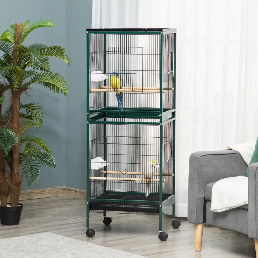 Pawhut Vogelkooi Acier 51,5x50x140cm - 2 Verdiepingen - Groen/Zwart - afbeelding 6 van 6