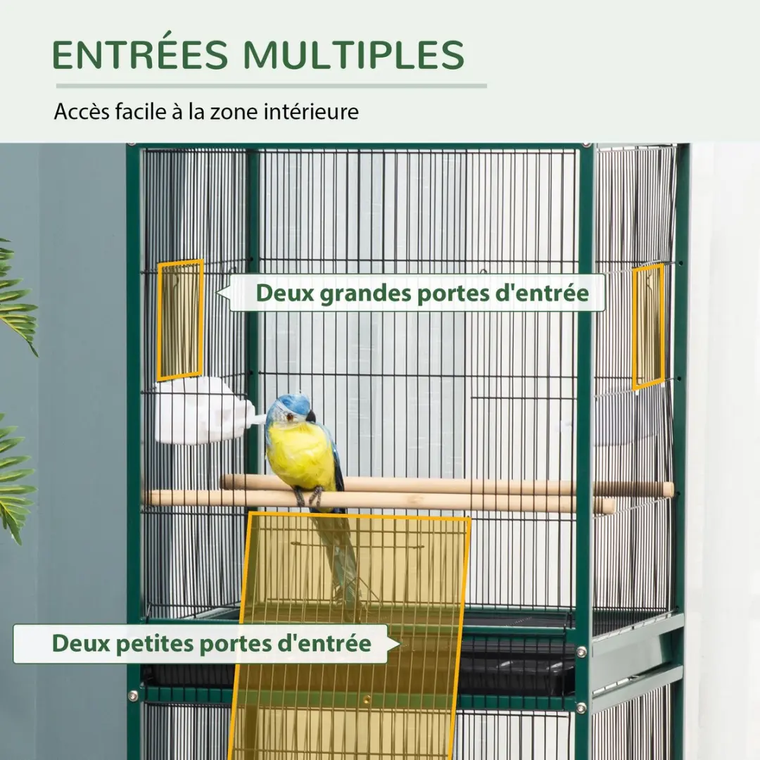 Pawhut Vogelkooi Acier 51,5x50x140cm - 2 Verdiepingen - Groen/Zwart