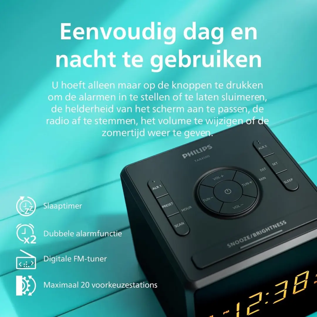Philips TAR4500 FM-Wekkerradio - Dubbel alarm - USB-C - Zwart