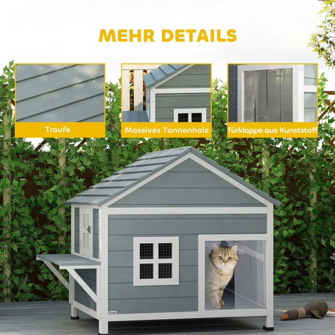 Pawhut Kattenhuis Sparrenhout PS-101L - 72,5x81cm - Grijs