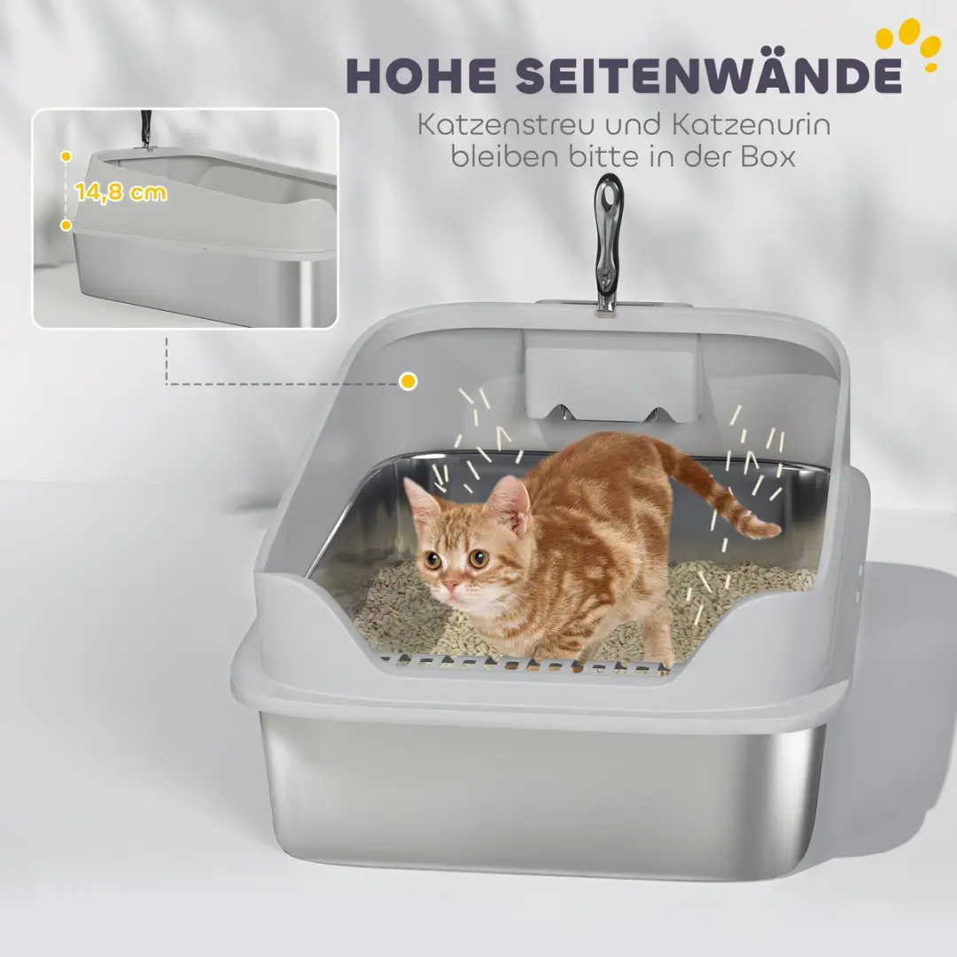 Pawhut Roestvrijstalen Kattenbak 69,8L - Grijs