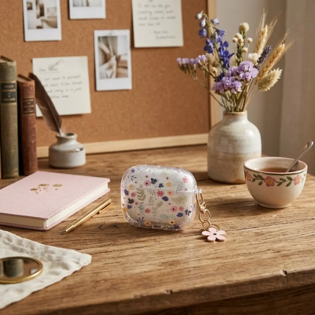 NUVEX Hoesje AirPods Pro 2 Transparant - Bloemenpatroon met karabijnhaak
