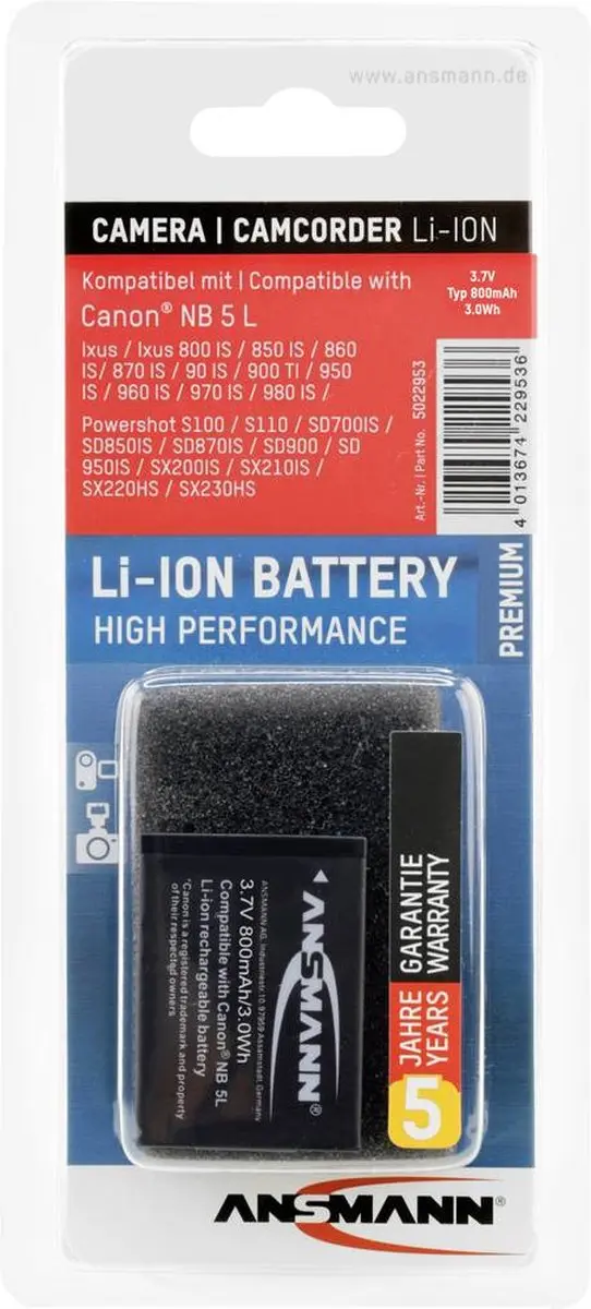 Ansmann NB5L Li-ion Accu 750mAh - Compactcamera