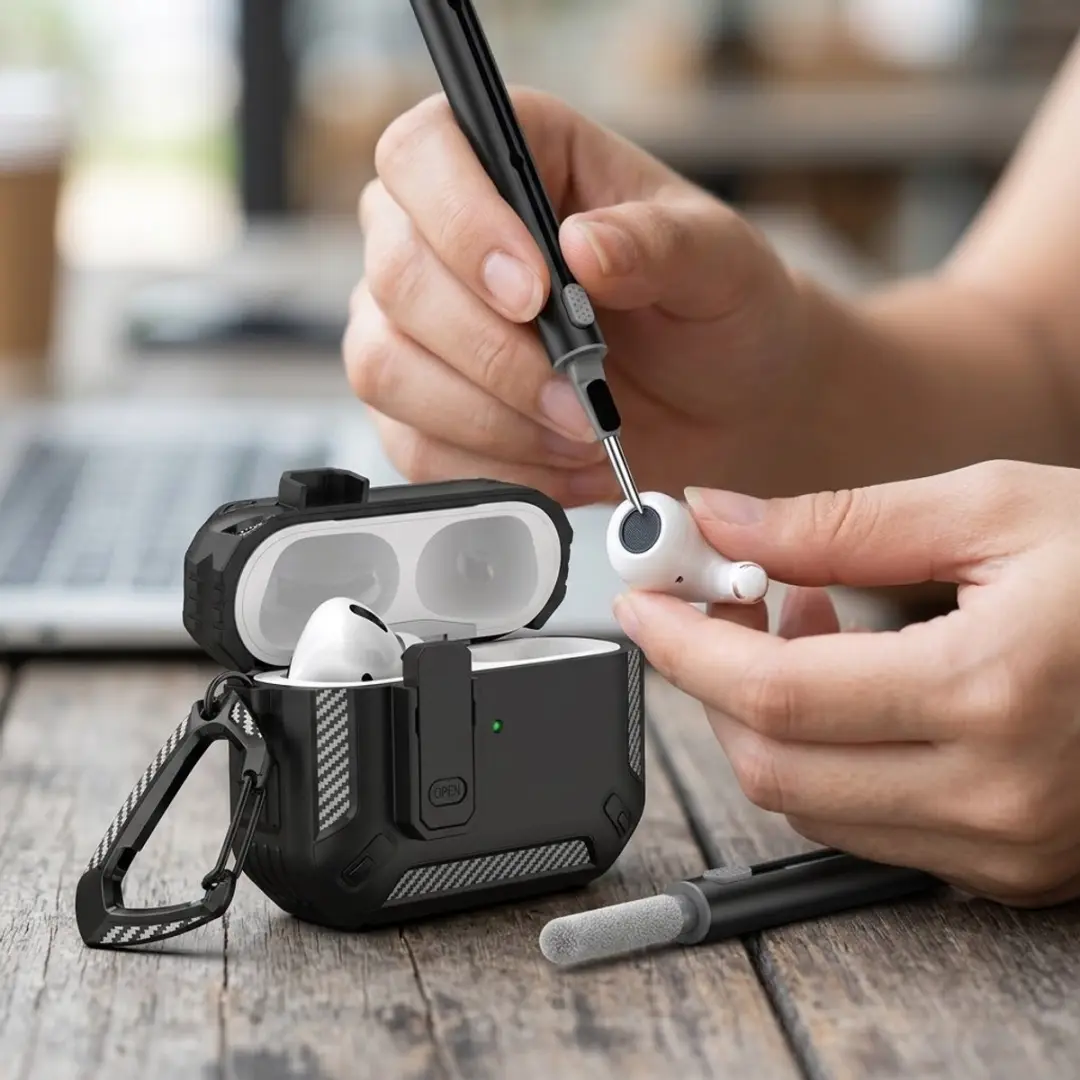 NUVEX Hoesje AirPods Pro 3 Carbon - Zwart - inclusief schoonmaakset & karabijnhaak