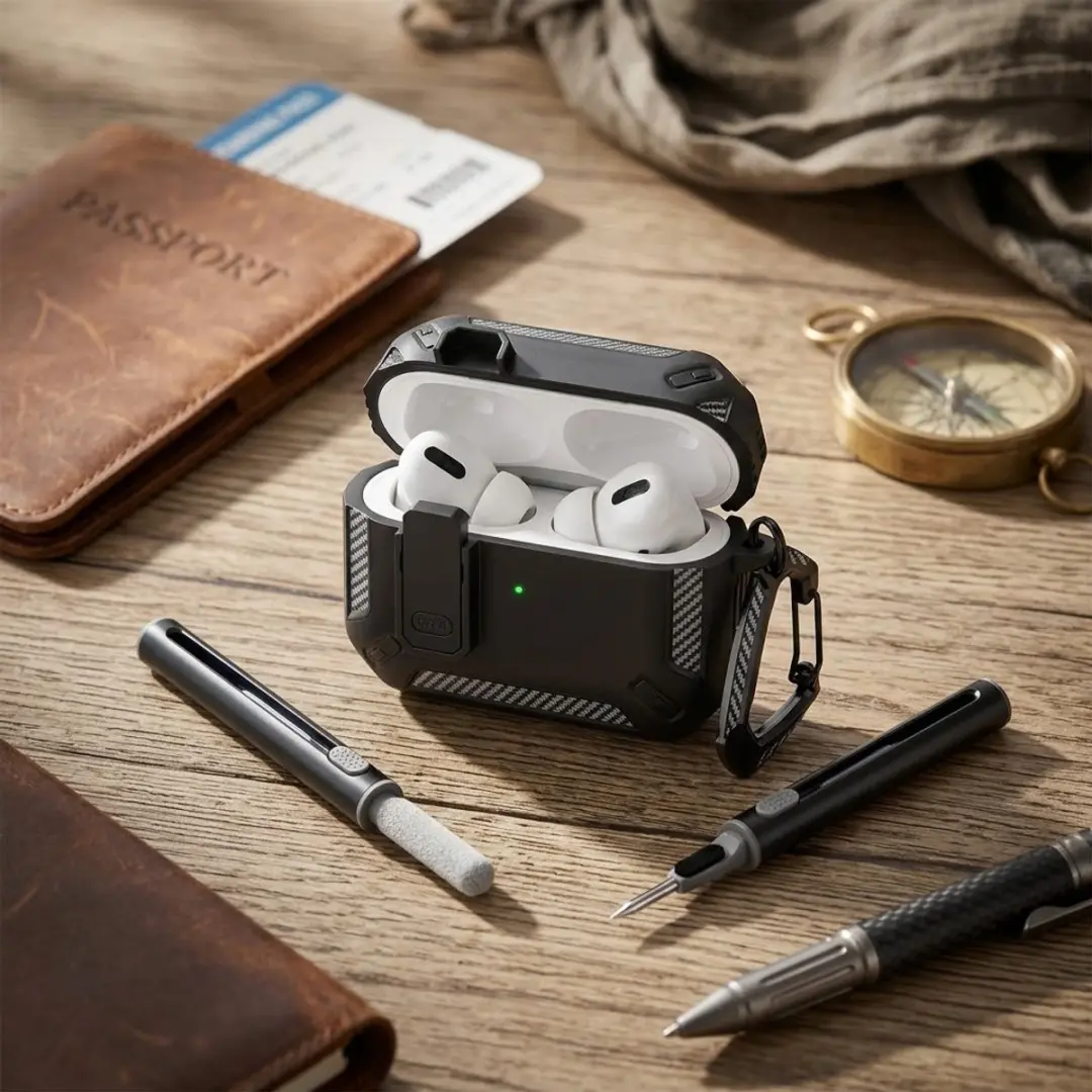 NUVEX Hoesje AirPods Pro 3 Carbon - Zwart - inclusief schoonmaakset & karabijnhaak
