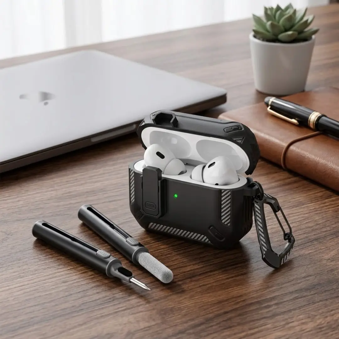 NUVEX Hoesje AirPods Pro 3 Carbon - Zwart - inclusief schoonmaakset & karabijnhaak