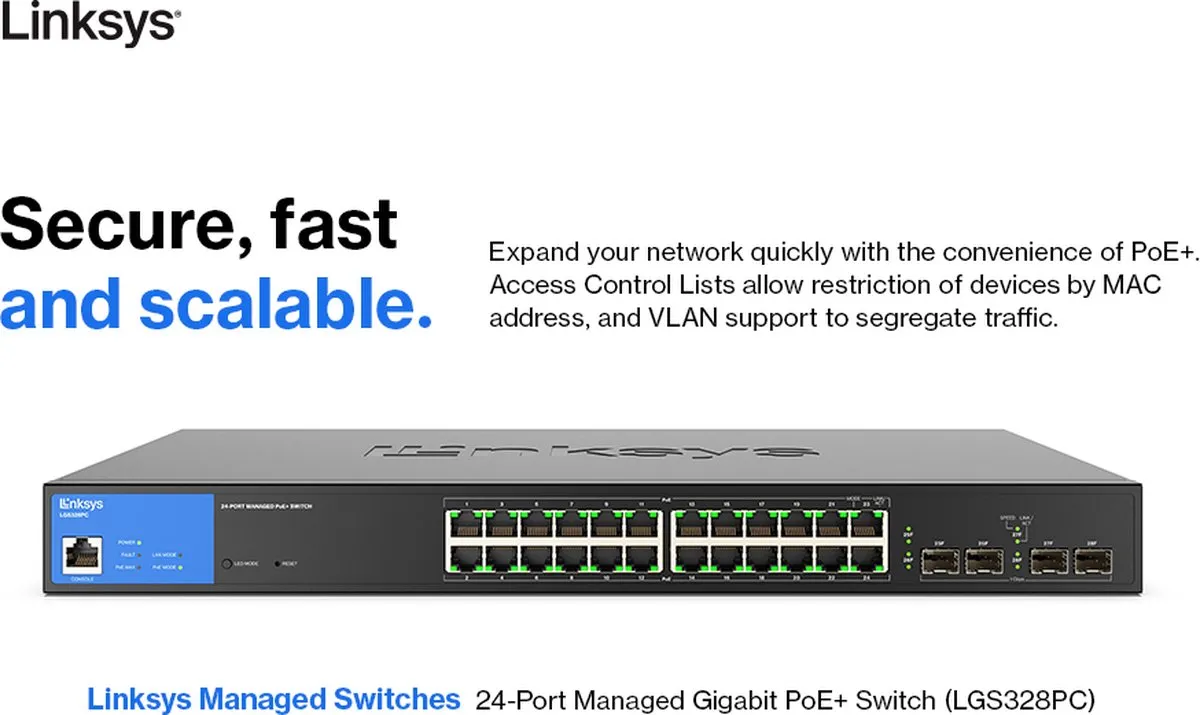 Linksys LGS328PC Managed Switch 24x PoE+ - 24 Poorten - 56 Gbps - Zwart
