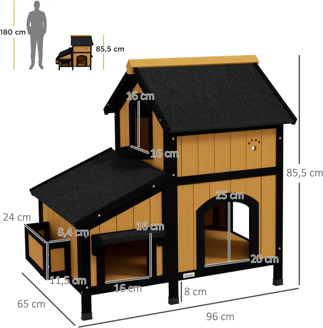 Pawhut Kattenhuis Tannenhout 96x65x85cm - Buiten - Geel
