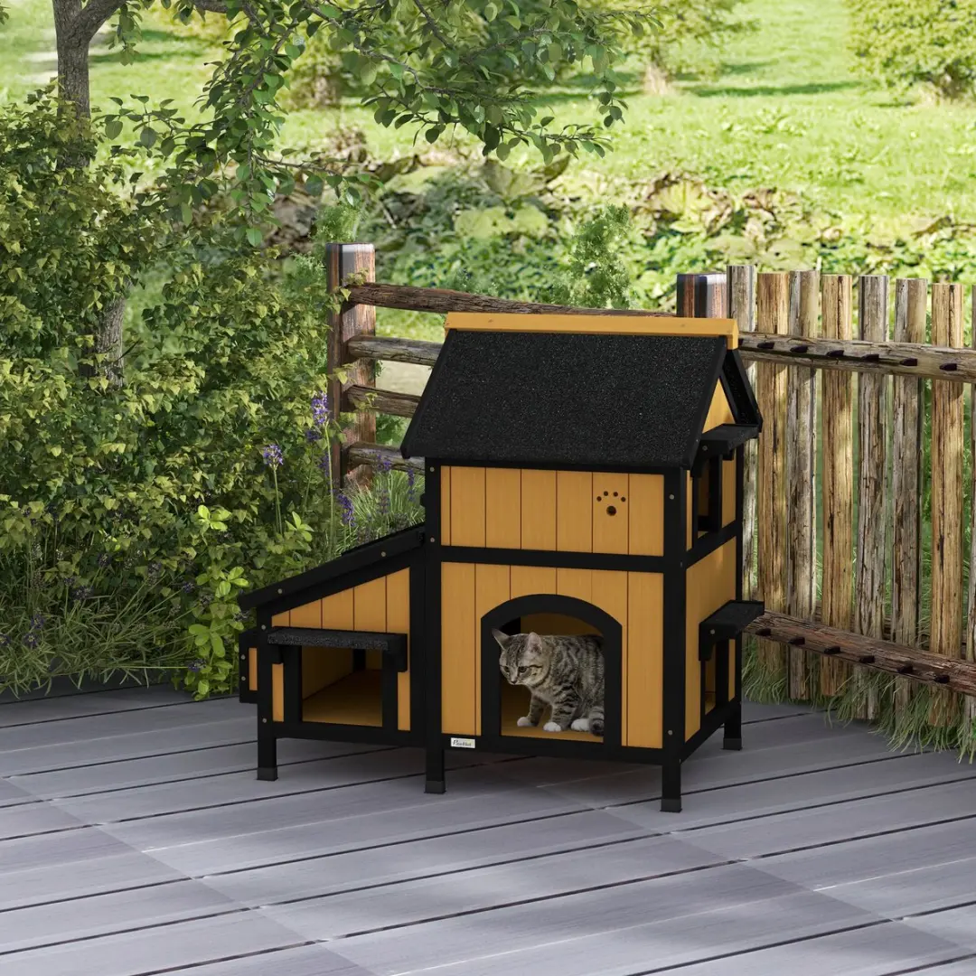 Pawhut Kattenhuis Tannenhout 96x65x85cm - Buiten - Geel