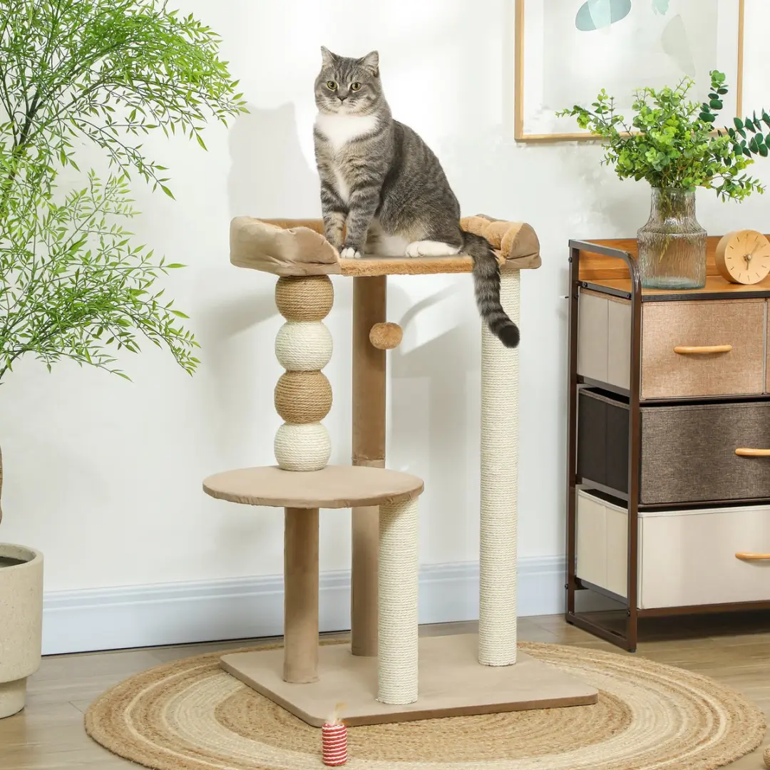 Pawhut Kratzbaum 86cm Kattenboom - 2 Niveaus - 3 Ligplekken - Koffie