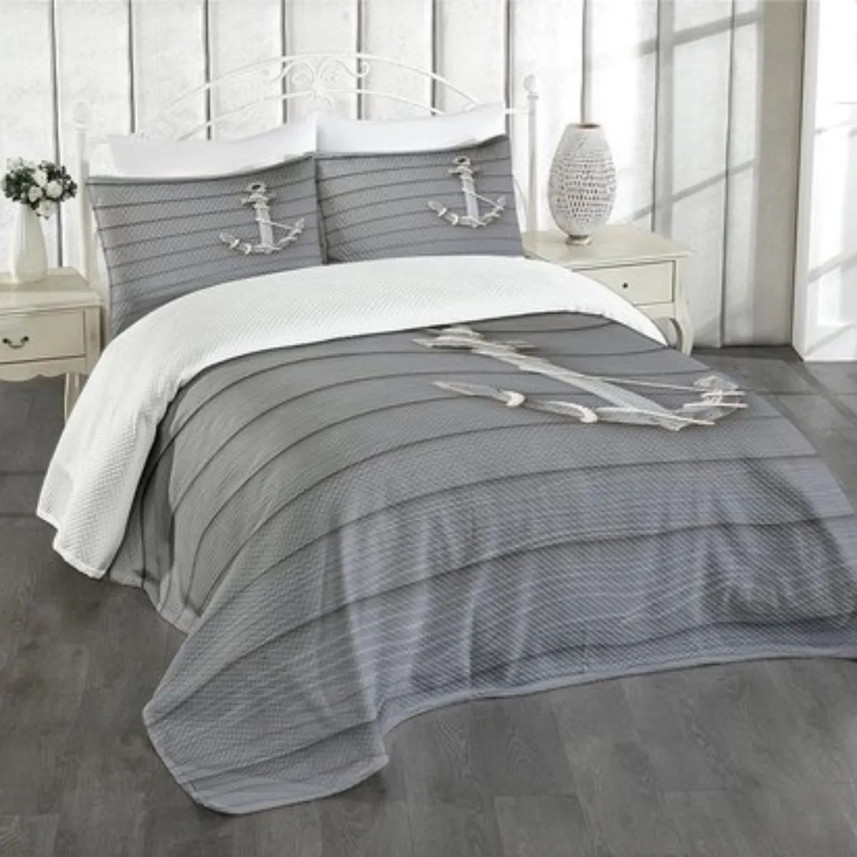 Anker Bedsprei Set 2-persoons - 260x220cm - Grijs/Wit - afbeelding 3 van 3