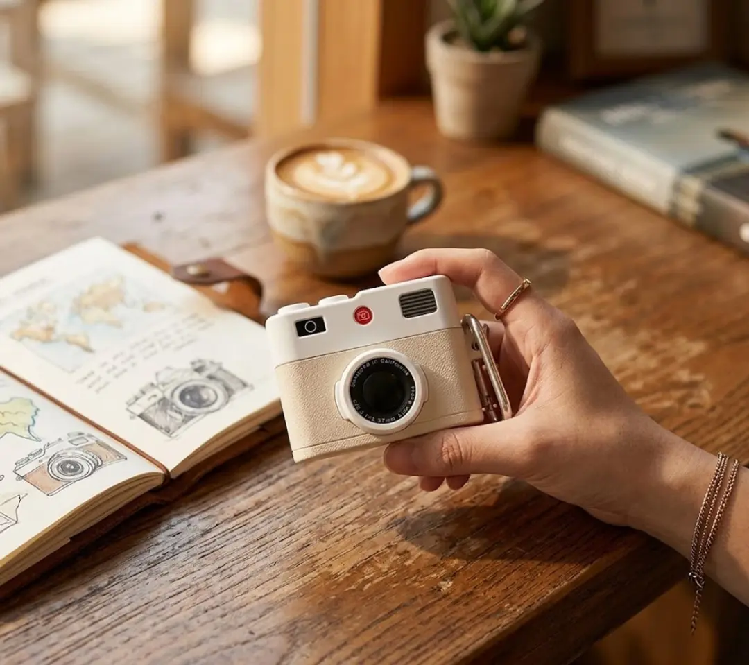 NUVEX Hoesje AirPods Pro 2 - Wit - Retro Camera met Karabijnhaak