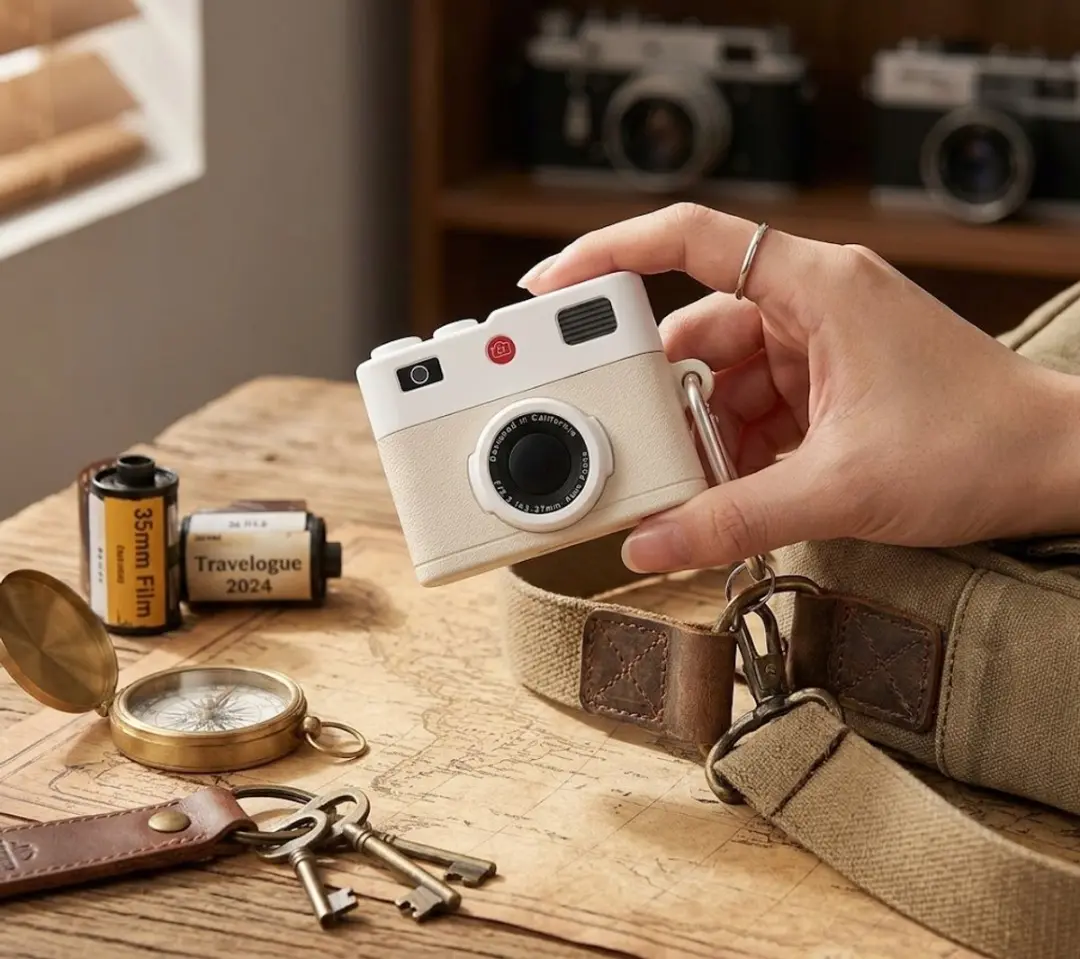 NUVEX Hoesje AirPods Pro 2 - Wit - Retro Camera met Karabijnhaak