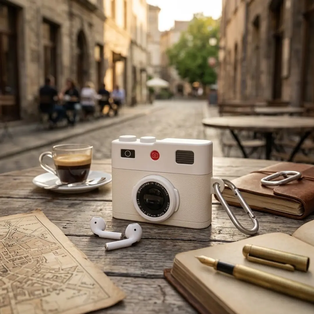 NUVEX Hoesje AirPods Pro 2 - Wit - Retro Camera met Karabijnhaak