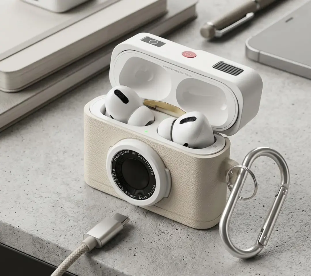 NUVEX Hoesje AirPods Pro 2 - Wit - Retro Camera met Karabijnhaak