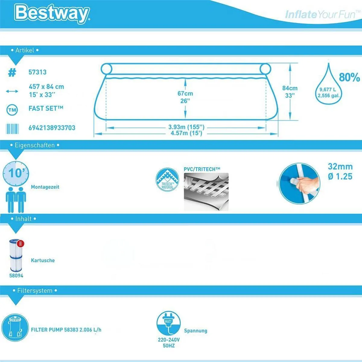 Bestway Fast Set Zwembad 457x84cm - 9.68m³ - Blauw - afbeelding 7 van 9