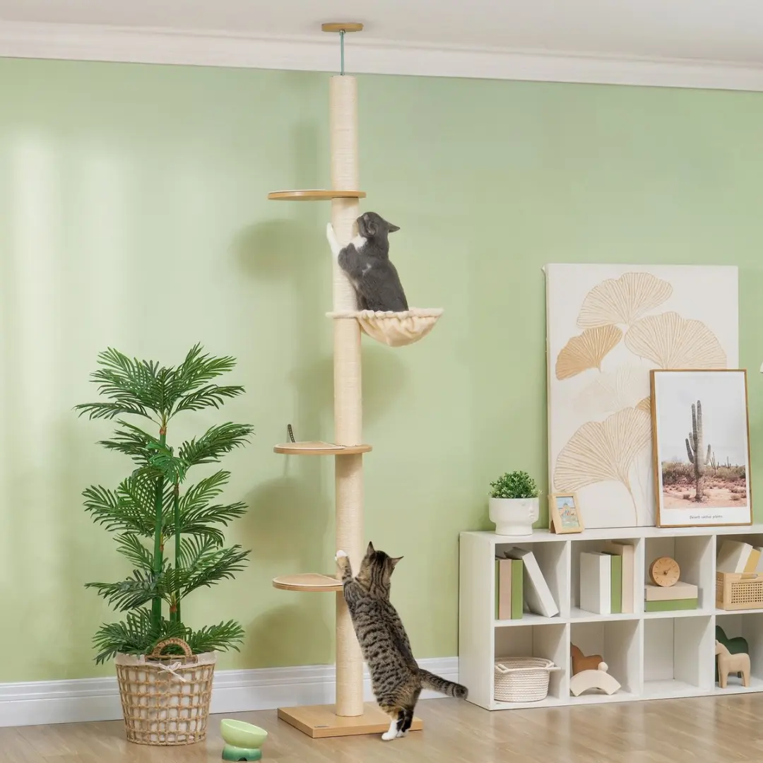 Pawhut Kratzbaum Eiche+Cremeweiß 230-250cm - 5 Ligplekken - 4 Niveaus