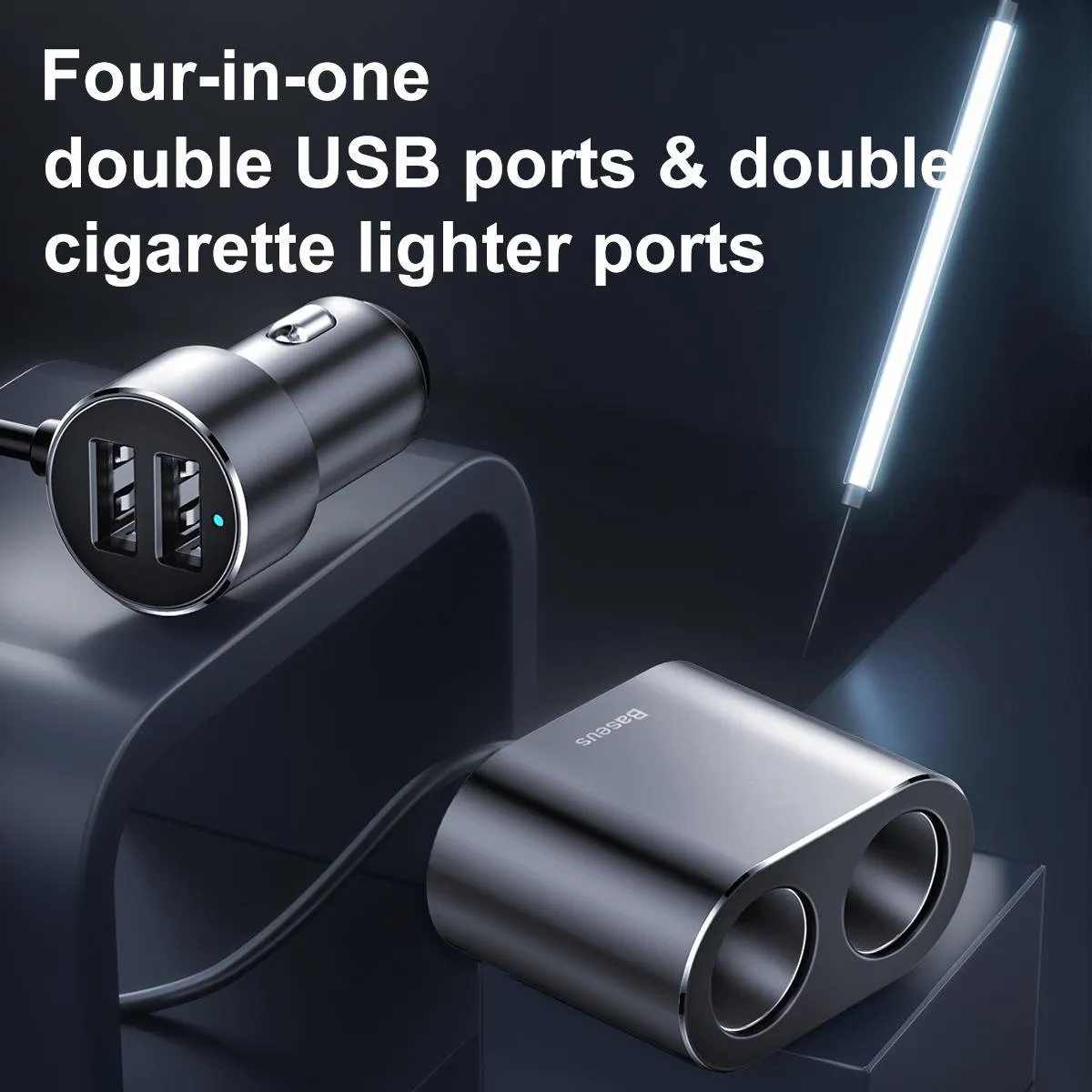 Baseus Autolader 80W - 2x USB + 2x Sigarettenaansteker - Grijs