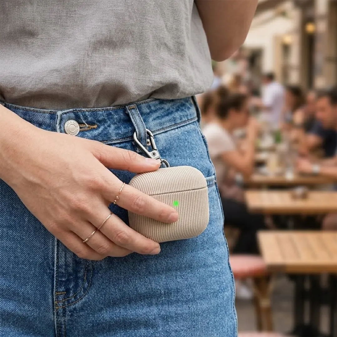 NUVEX Luxe Hoesje AirPods 4 Grijs - Vertical Stripe met sleutelhaak