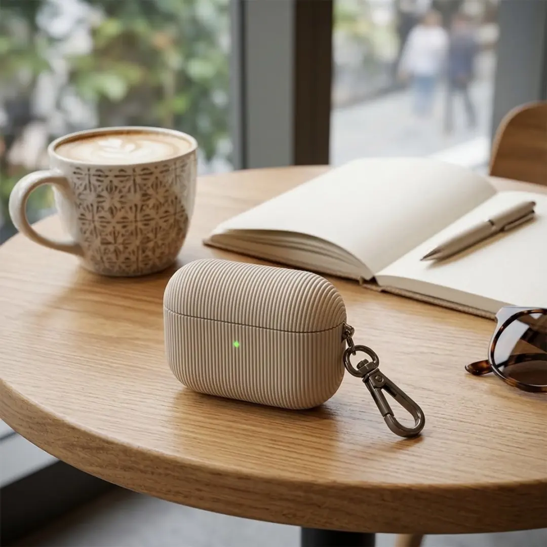 NUVEX Luxe Hoesje AirPods 4 Grijs - Vertical Stripe met sleutelhaak