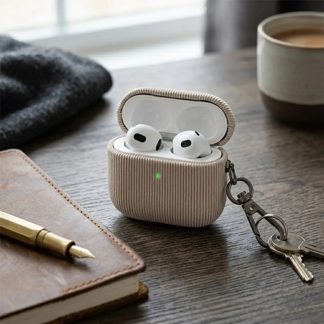 NUVEX Luxe Hoesje AirPods 4 Grijs - Vertical Stripe met sleutelhaak