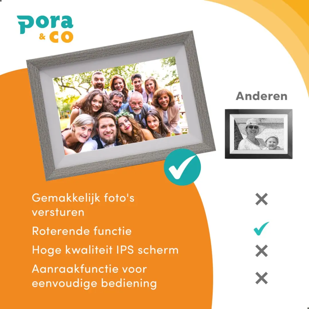 Pora&Co Digitale Fotolijst DASADASFAS123 10.1" - HD IPS Touchscreen - WiFi Frameo App - Zilver/Wit