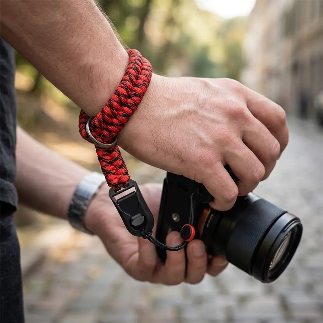 NUVEX Camouflage Rood Camera Polsband - Verstelbaar met Snelkoppeling