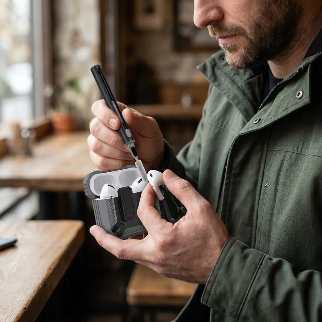 NUVEX Hoesje AirPods Pro 3 Carbon Grijs - met karabijnhaak & schoonmaakset