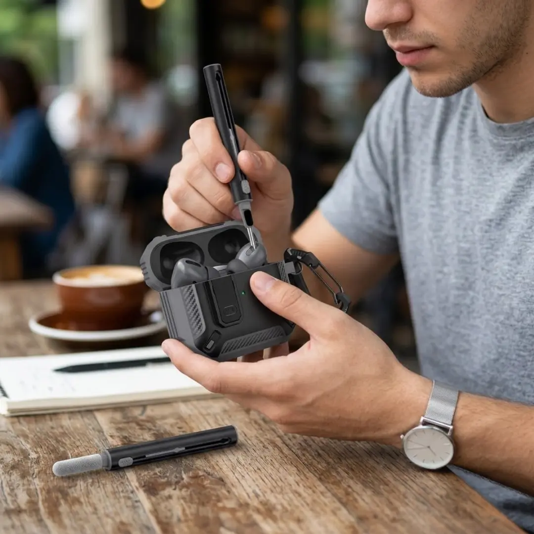NUVEX Hoesje AirPods Pro 3 Carbon Grijs - met karabijnhaak & schoonmaakset
