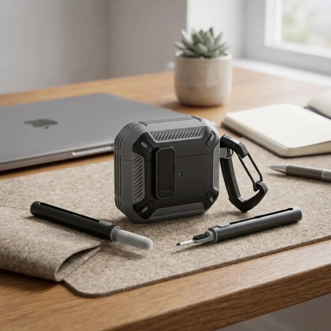 NUVEX Hoesje AirPods Pro 3 Carbon Grijs - met karabijnhaak & schoonmaakset