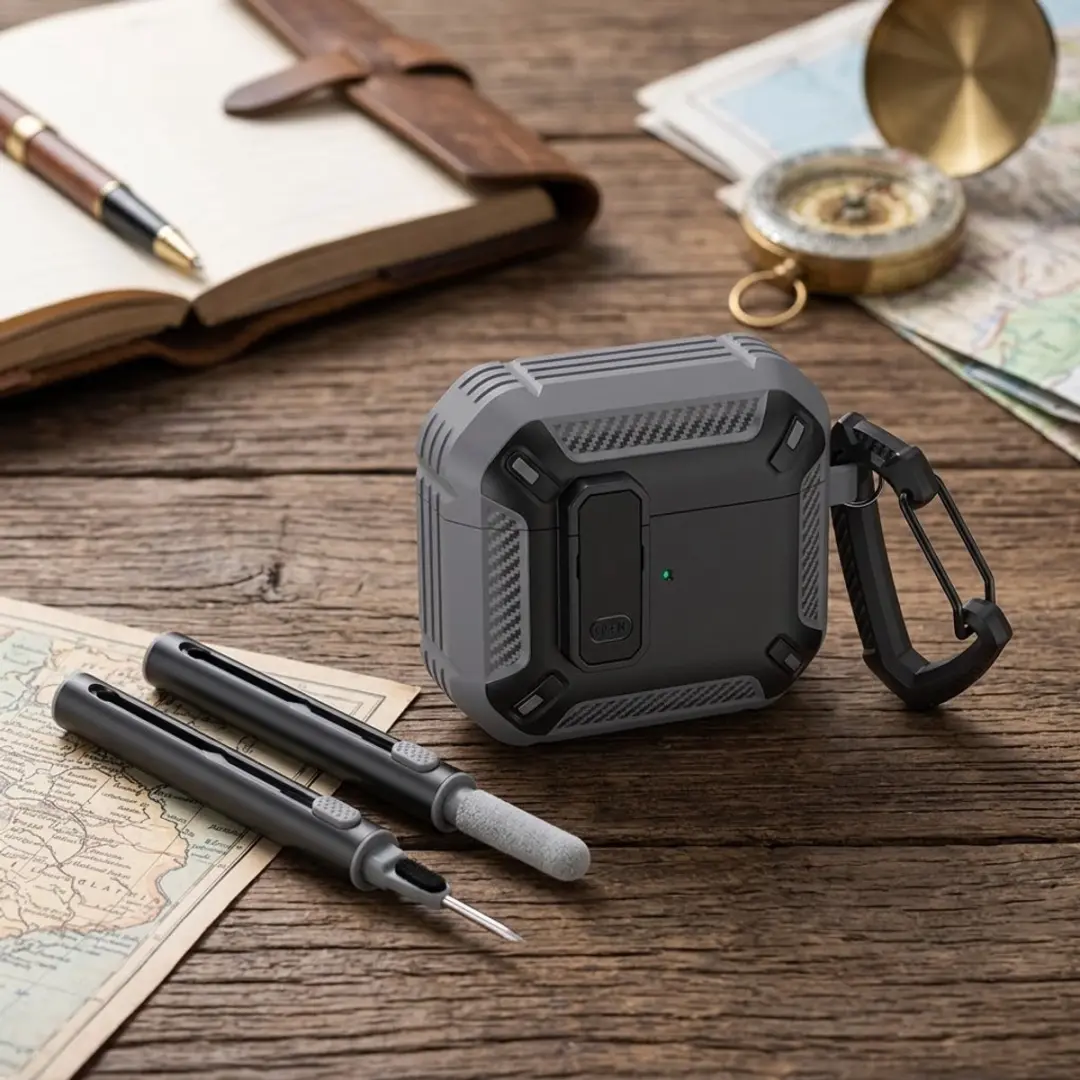 NUVEX Hoesje AirPods Pro 3 Carbon Grijs - met karabijnhaak & schoonmaakset