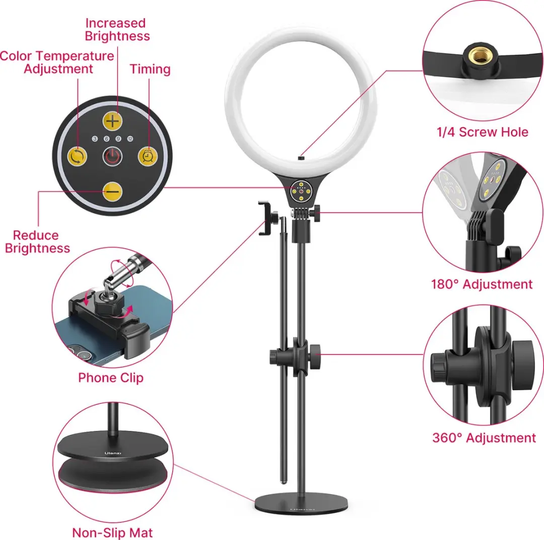 Ulanzi Ring-10 Topshot Ringlamp 10W - Smartphonehouder - Zwart