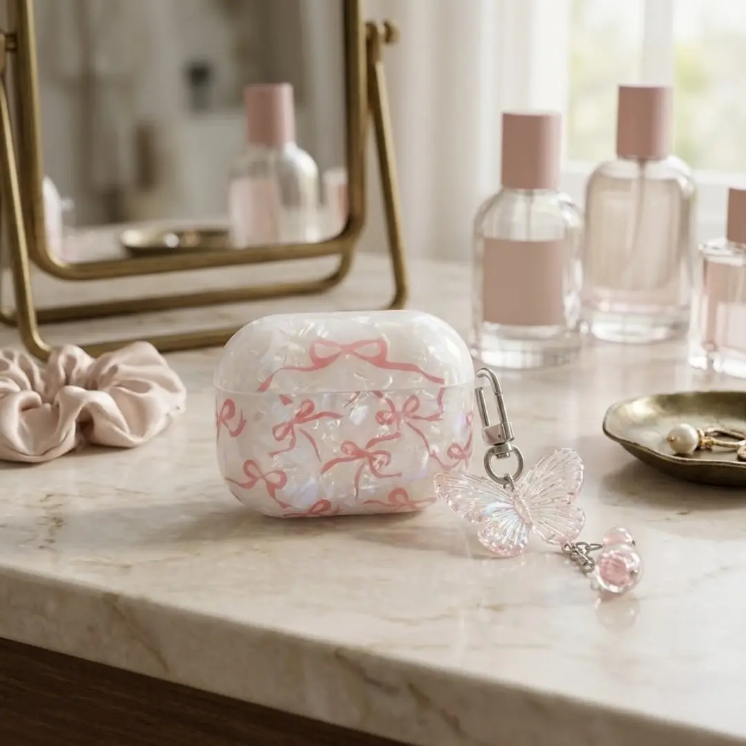 NuveX Hoesje AirPods Pro 3 - Wit transparant parelmoer - met roze strik & vlinder
