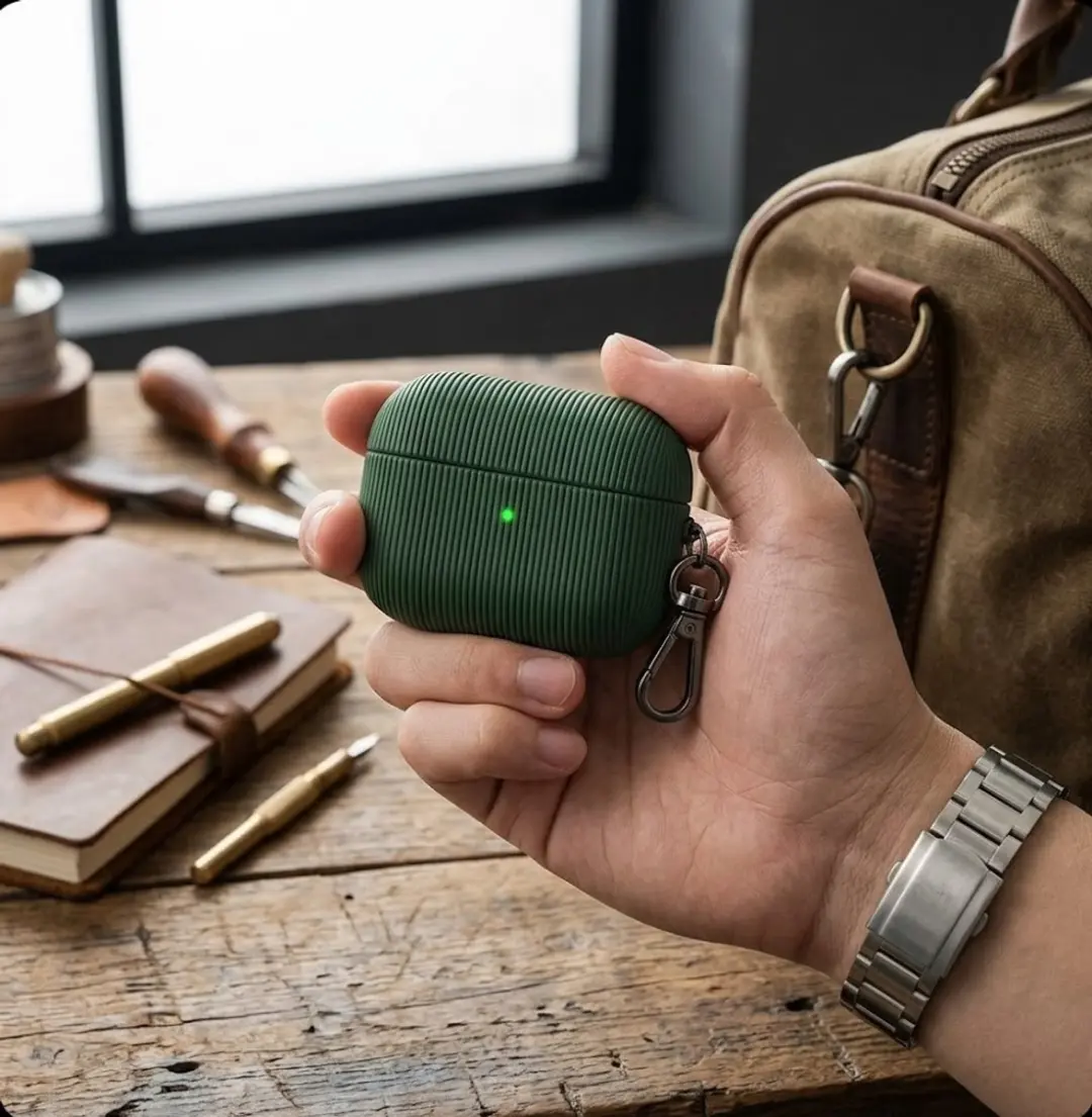NuveX Luxe Geribd Hoesje AirPods Pro 2 - Groen - Metalen Sleutelhaak